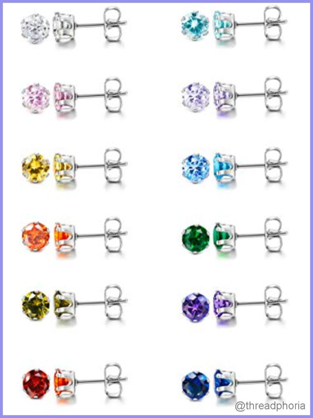 12 Pairs Silver Stainless Steel Stud Earrings Hypoallergenic CZ Birthstone
